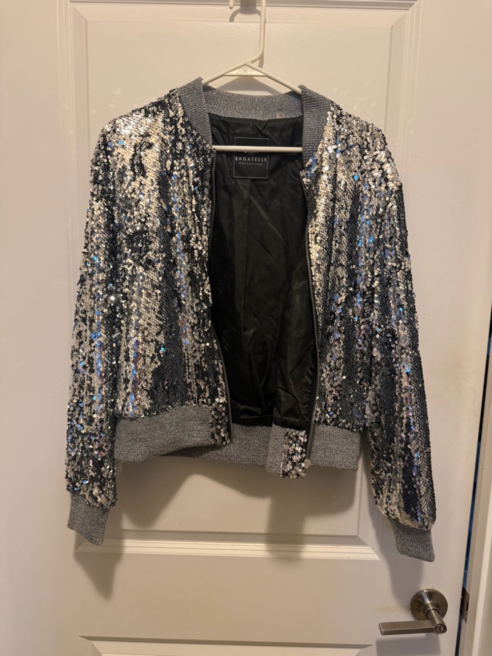 bagatelle Silver Sequin Bomber Jacket with Gray Trim
